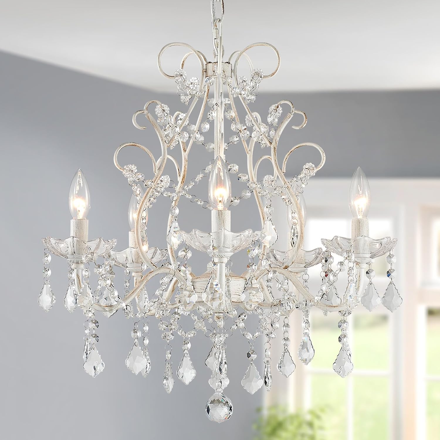 Antique White Iron Scroll 5-Light Crystal Mini Chandelier