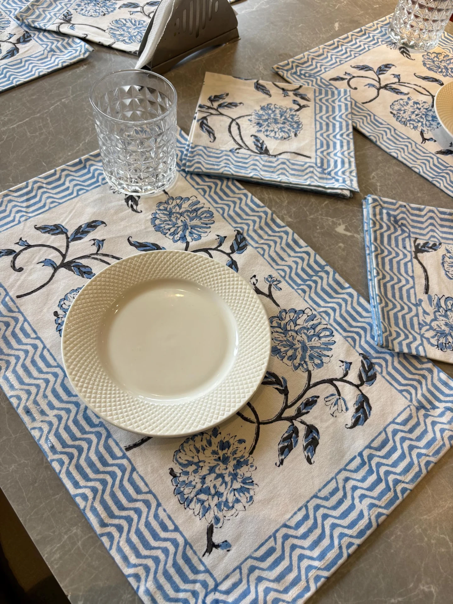 Indian Floral Block Print Placemats with Napkins — Blue & White Cotton