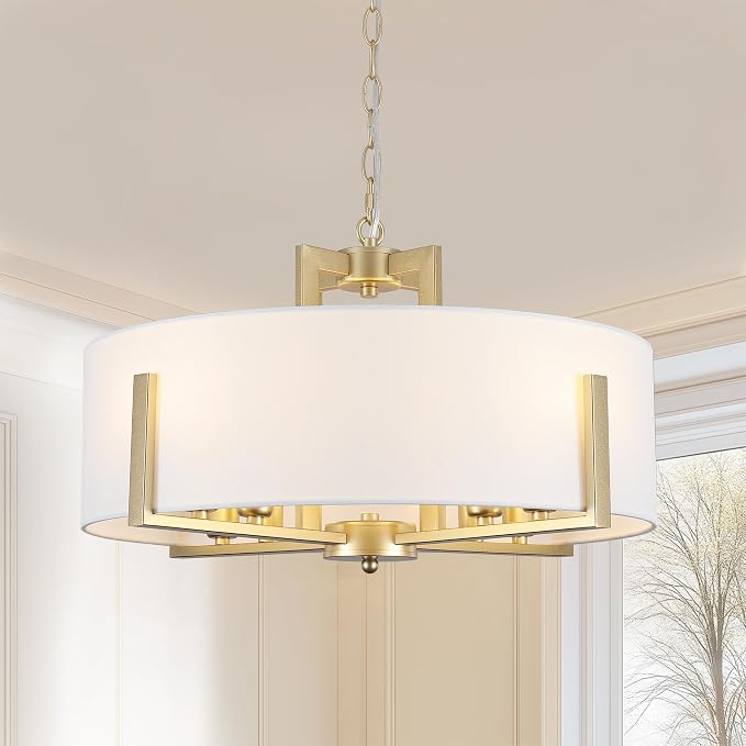 Gold Drum Shade 5-Light Chandelier with White Linen