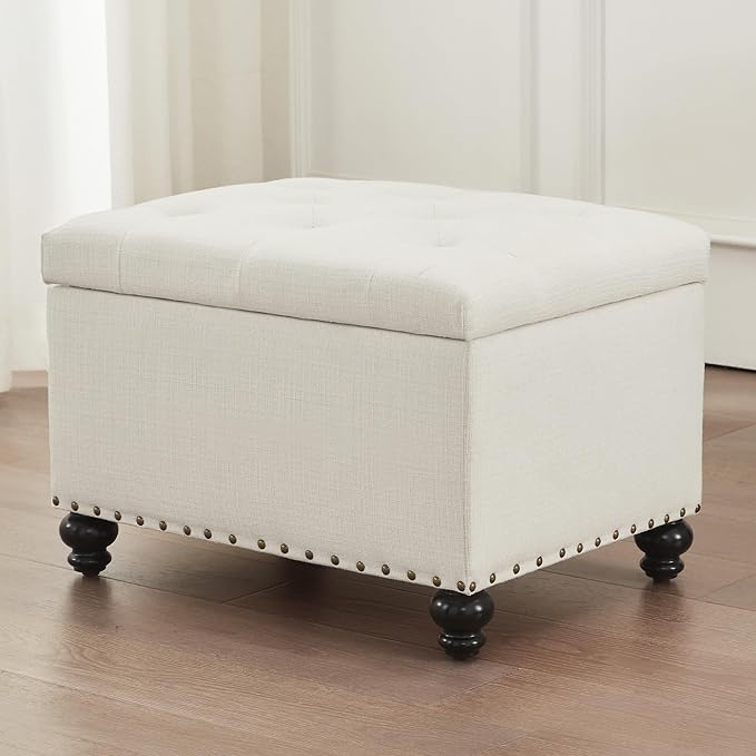 Tufted Cream Linen Storage Ottoman Bench with Nailhead Trim