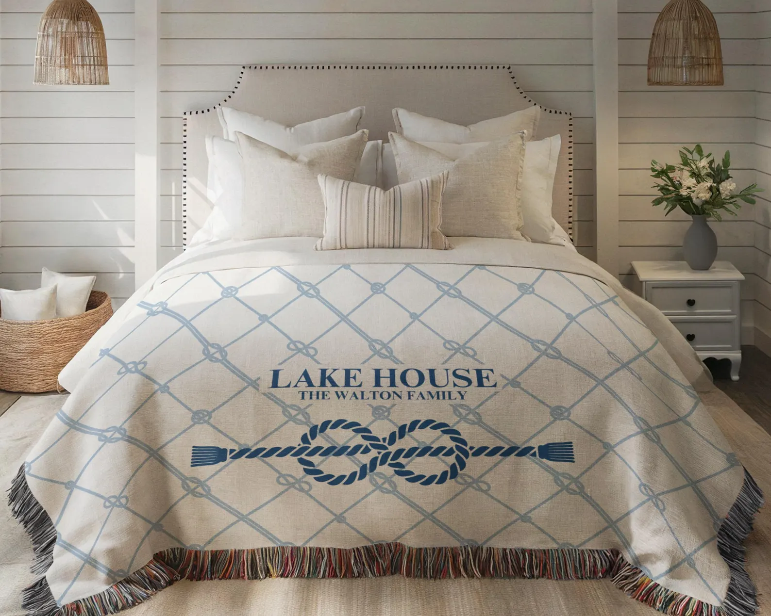 Personalized Lake House Woven Cotton Throw — Blue Nautical Knot