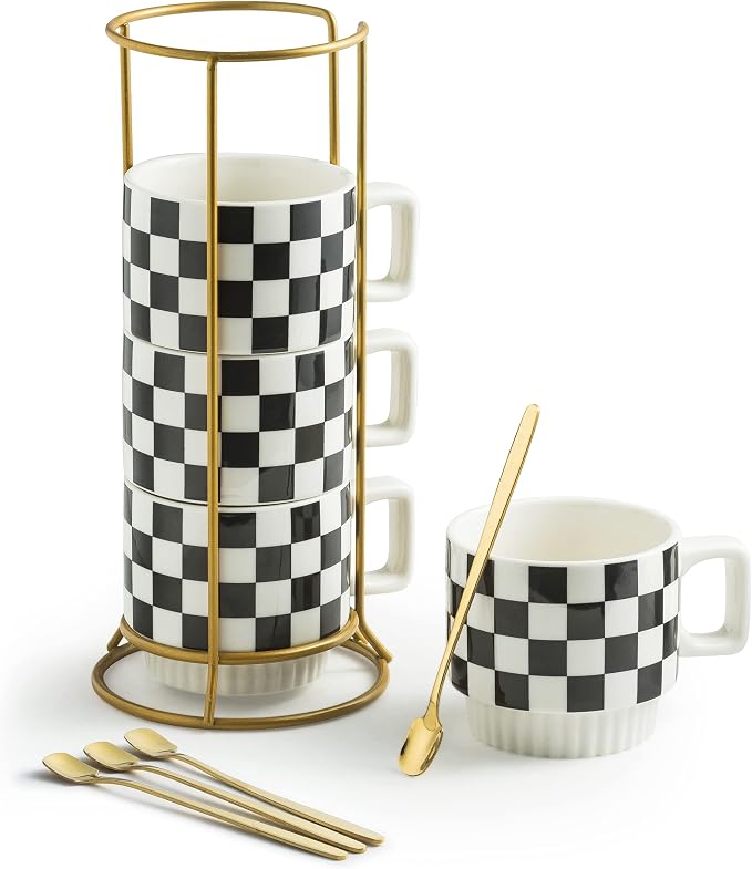 Miamolo Checkered Stackable Coffee Mug Set of 4 with Gold Rack & Spoons