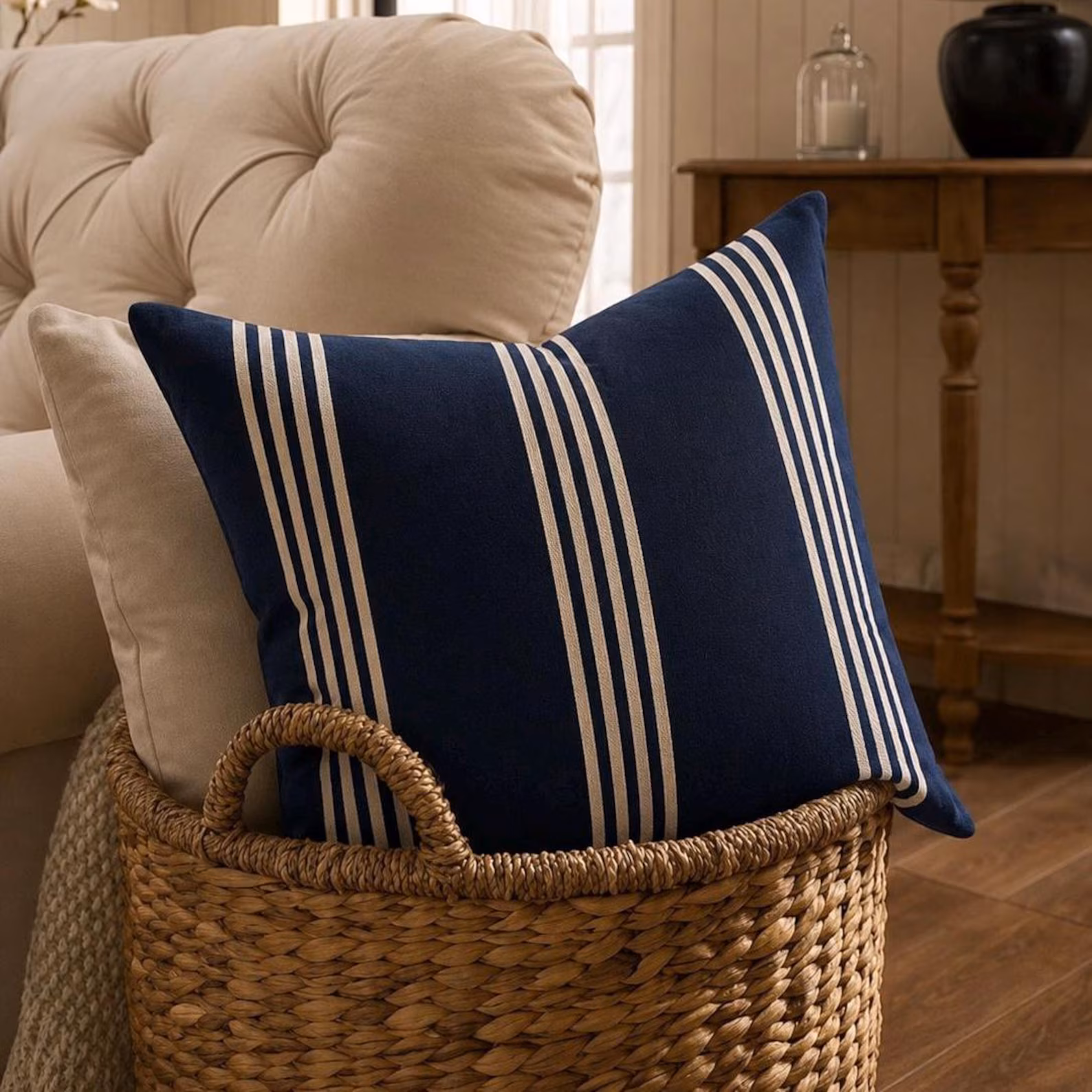 Navy Striped Nautical Pillow — Blue & Cream Stripe Square