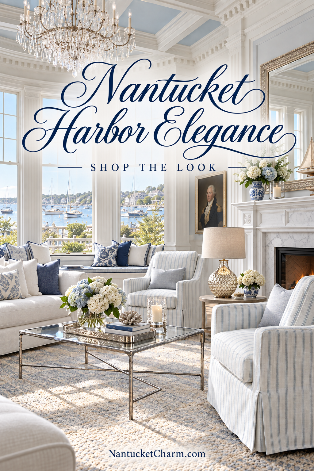 Elegant Nantucket harbor-view living room with a crystal chandelier, ivory slipcovered sofa, blue-and-white striped armchairs, glass coffee table with hydrangeas and white coral, marble fireplace with gilt mirror, gold table lamp and a faded blue rug.