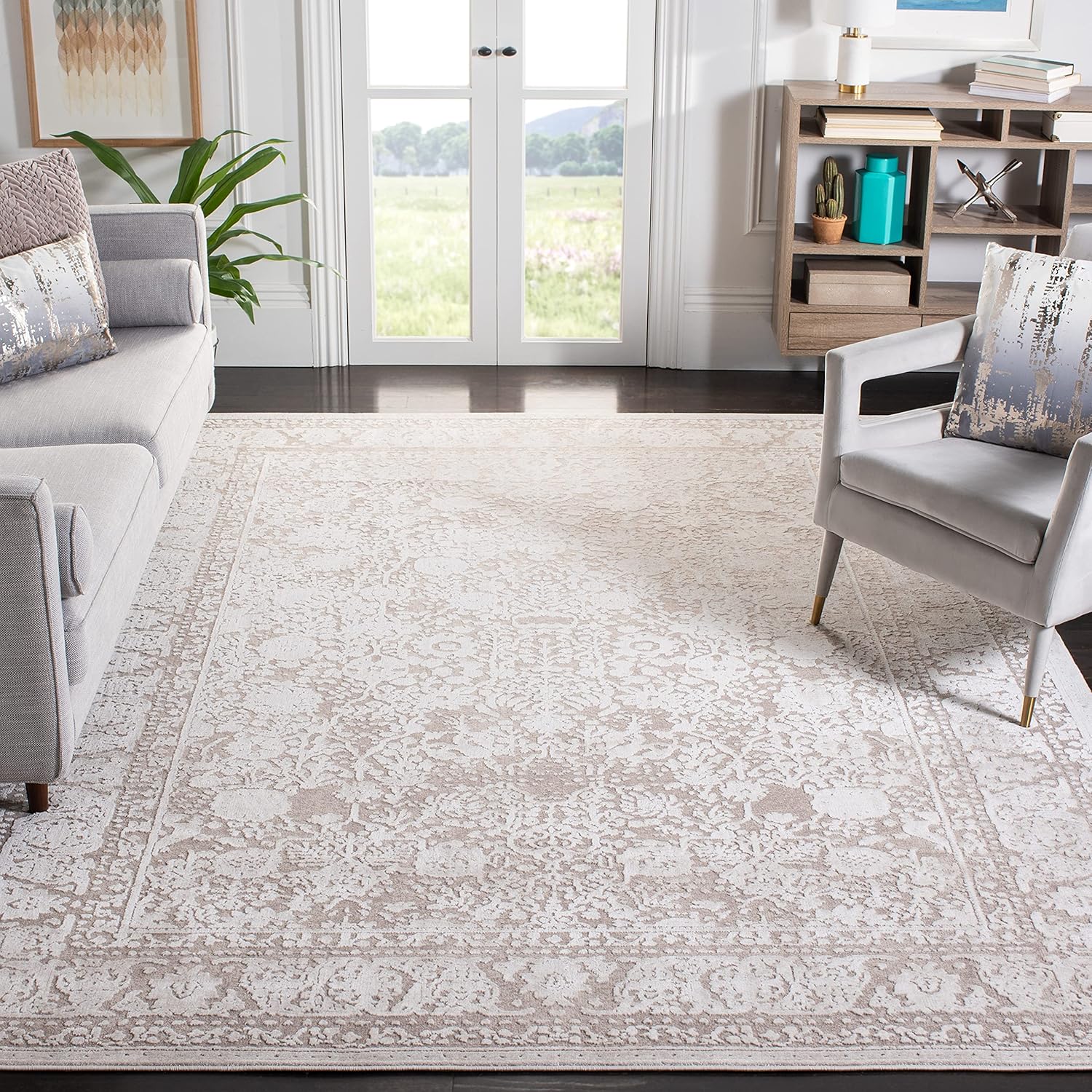SAFAVIEH Adirondack Vintage Distressed Floral Rug, Ivory & Slate (9' x 12')