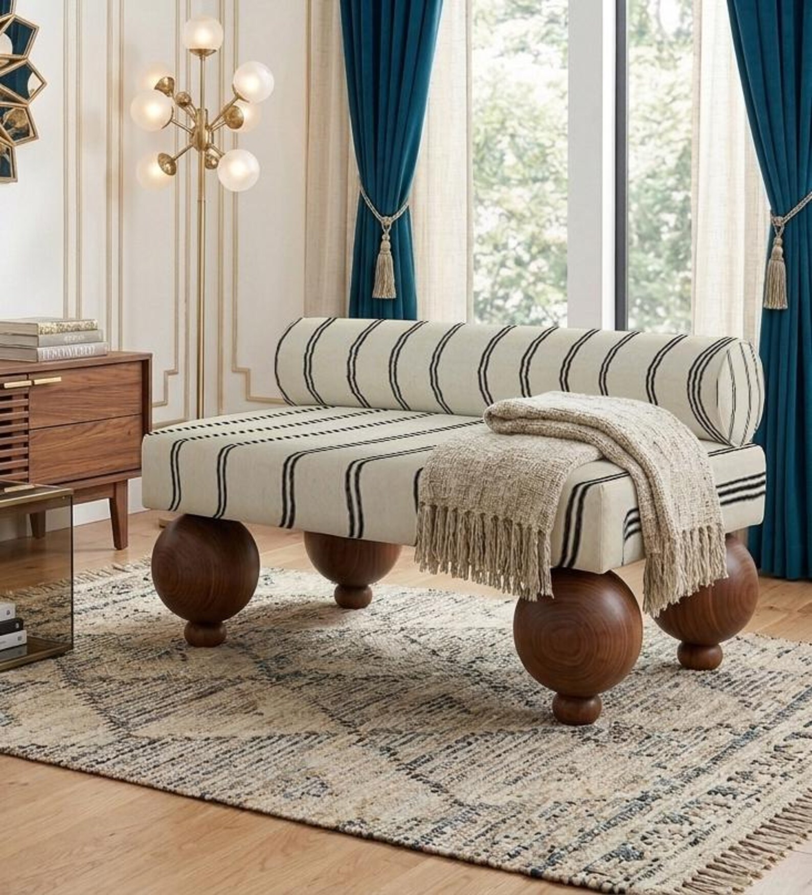 Striped Accent Bench on Ball Feet — Upholstered Statement Seat