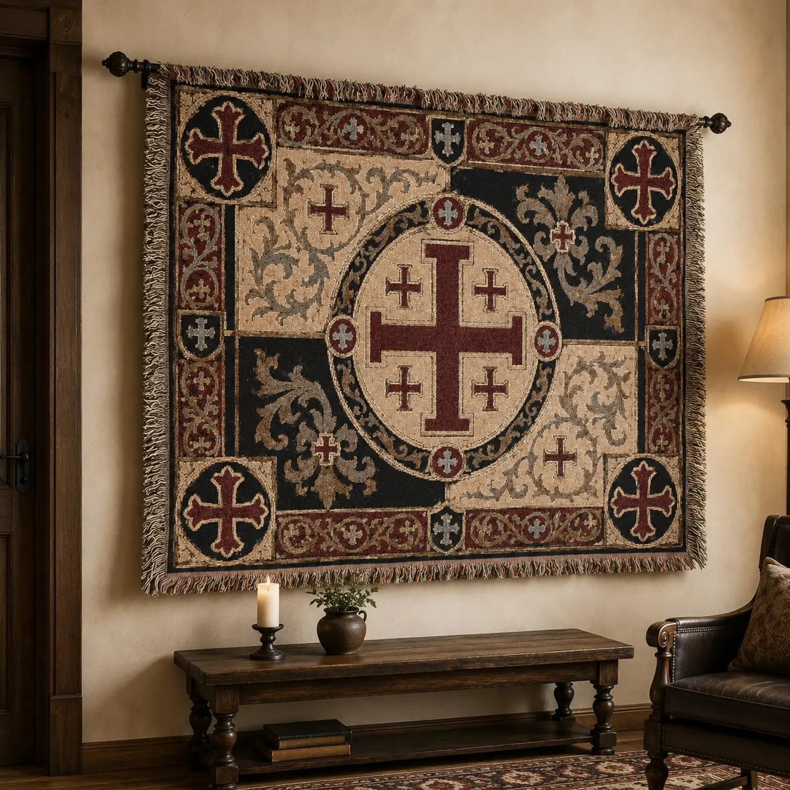 Jerusalem Cross Tapestry Wall Hanging — Knight Templar Woven Throw
