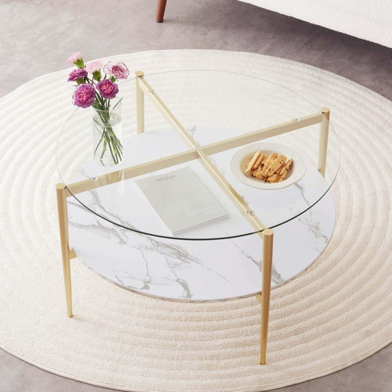 Glass & Brass Round Coffee Table with Marble Shelf
