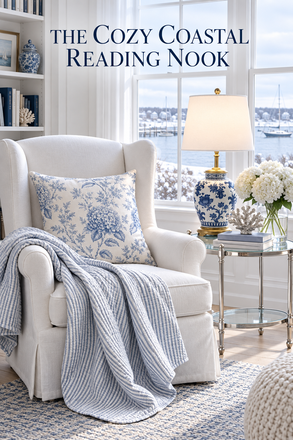 Cozy coastal reading nook with an ivory wingback chair, blue hydrangea toile pillow, pale blue striped throw, blue and white ginger jar lamp, white hydrangeas, coral, books, white shelving and a harbor view.