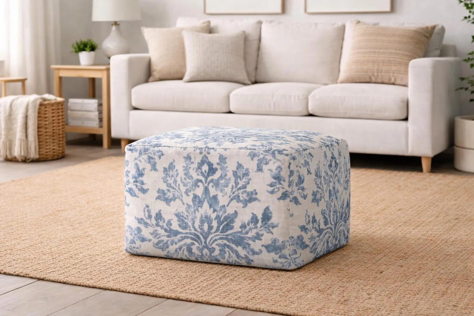 Classic Damask Pouf in Denim Blue & Off-White