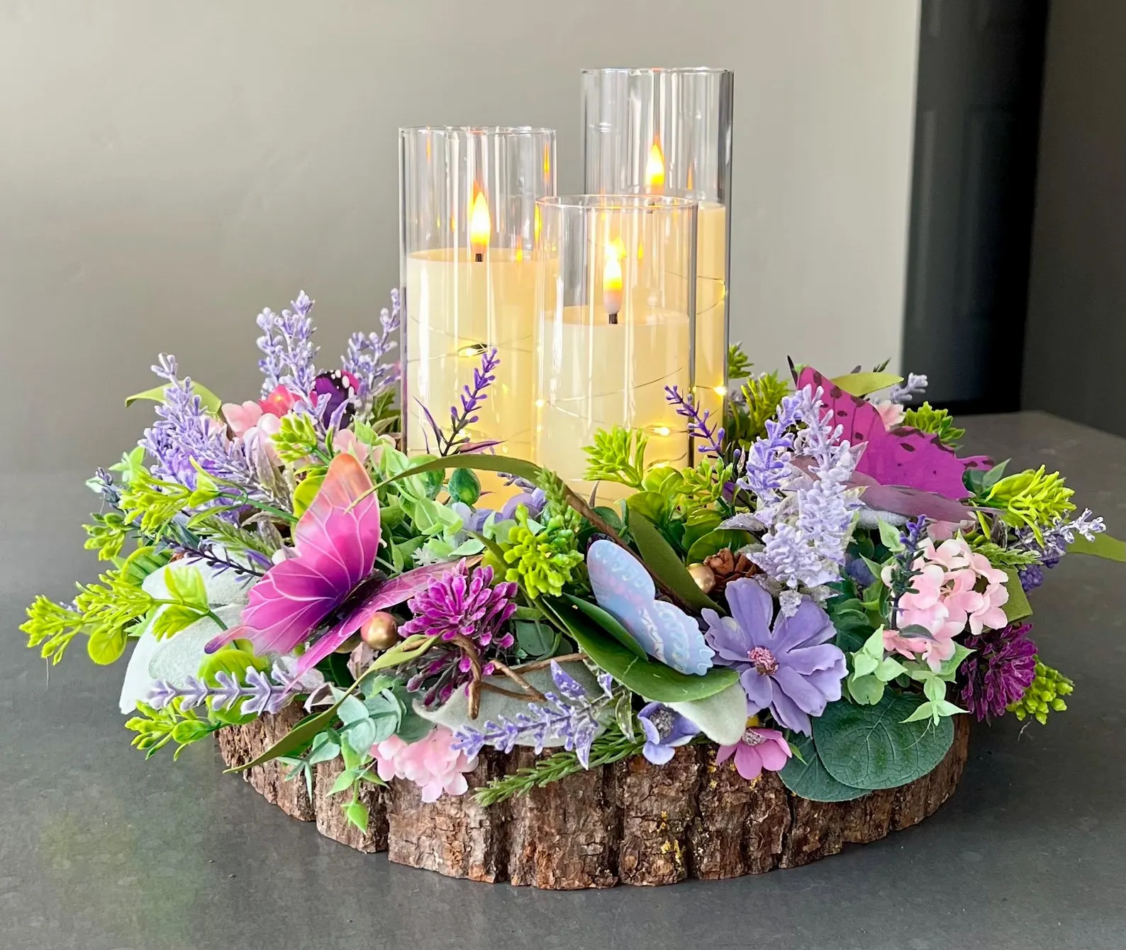 Spring Butterfly Floral Lighted Candle Centerpiece — Wood Slice Table Decor