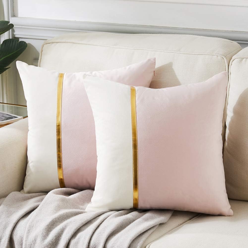 Fancy Homi Blush Pink & White Velvet Pillow Covers with Gold Trim, 18" (Set of 2)