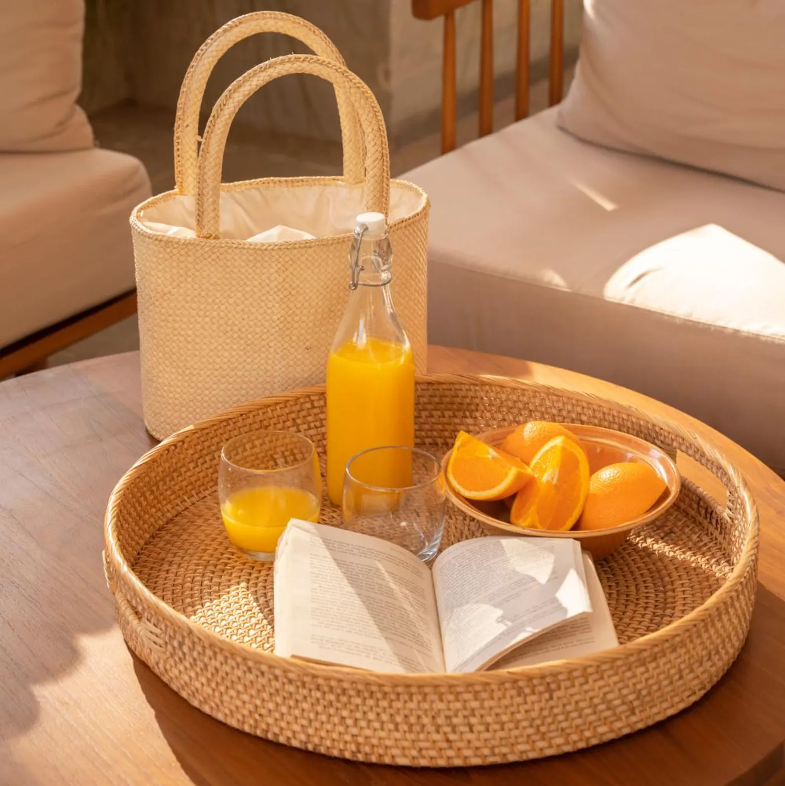 Large Round Rattan Tray with Handles (40cm) — Wicker Ottoman Tray