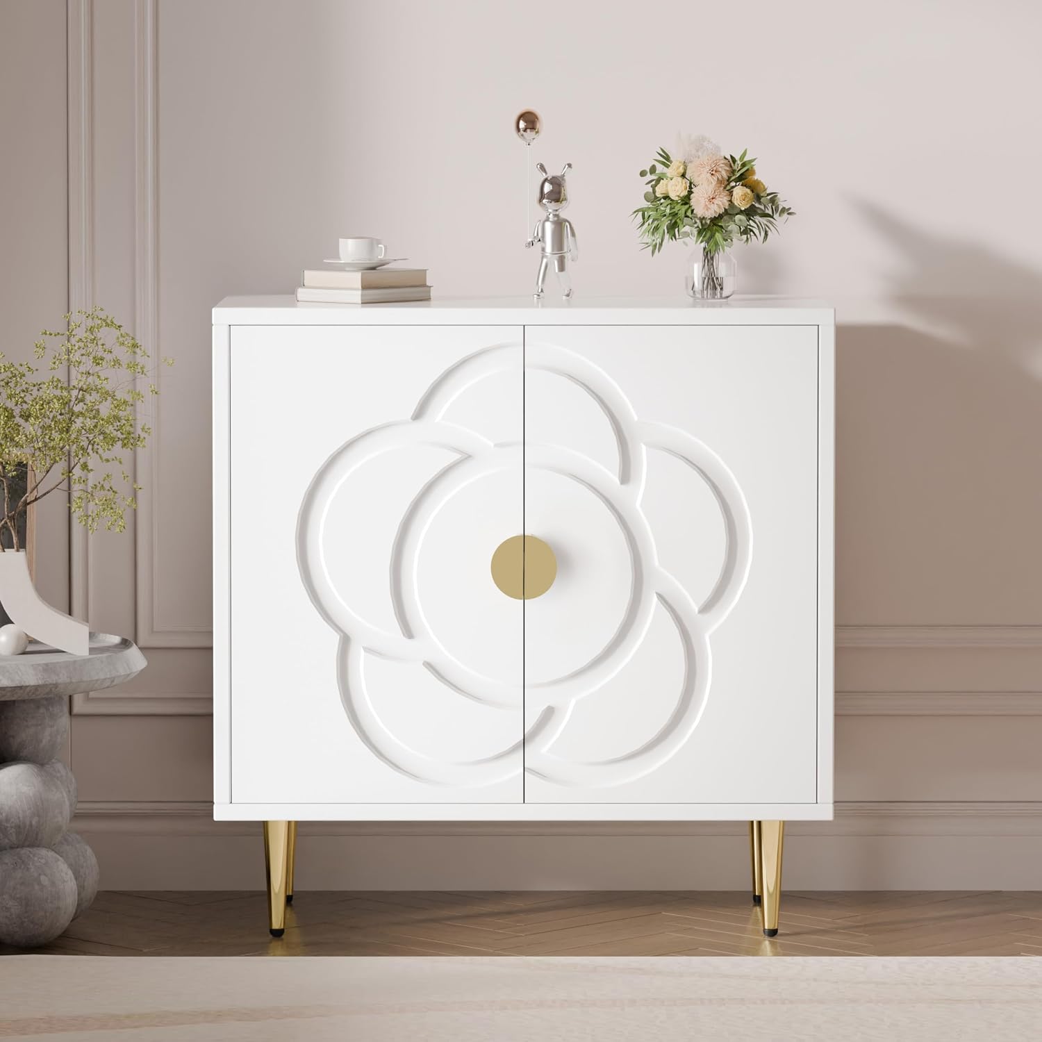 TOLEAD Flower Pattern Door Storage Cabinet — White Accent Sideboard