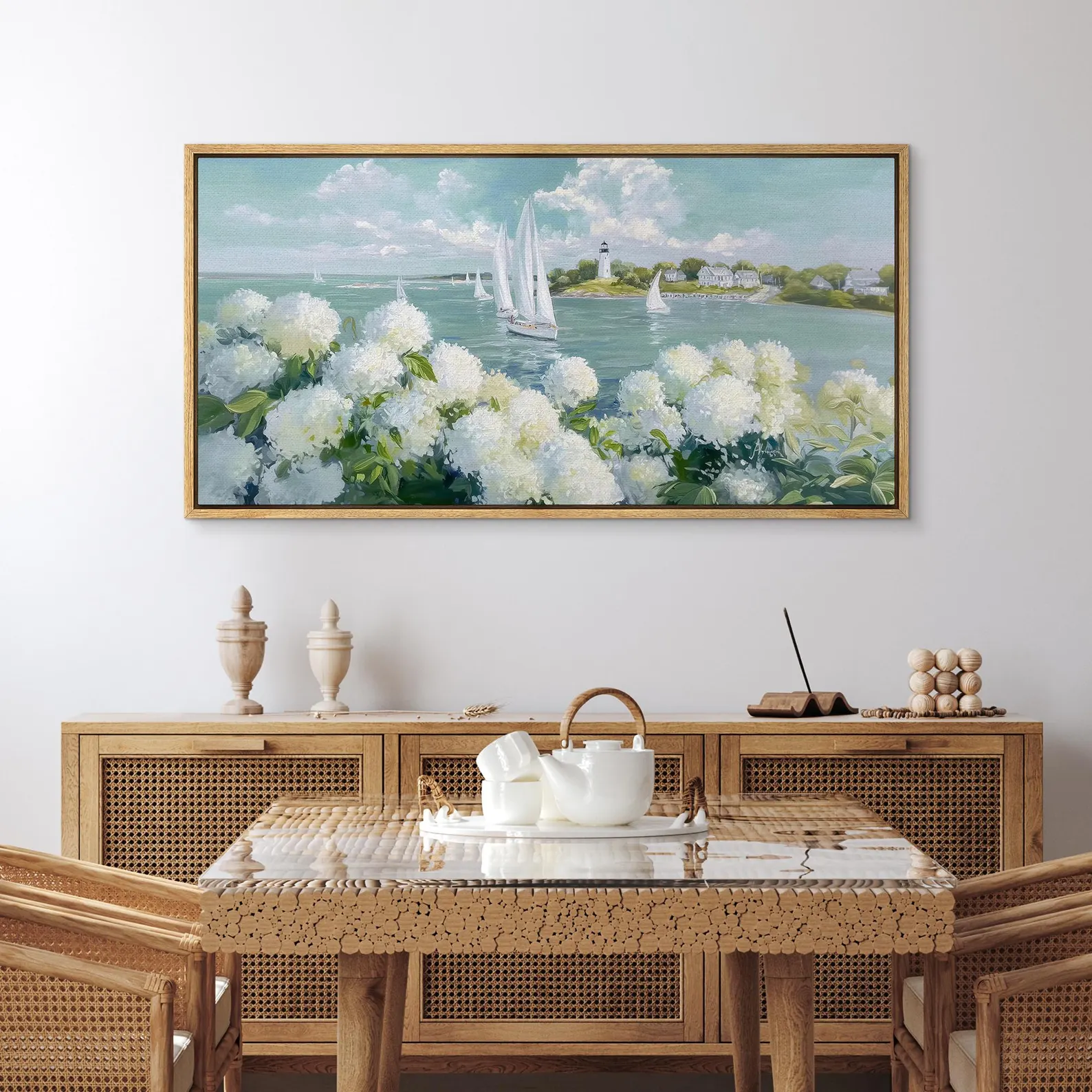 Large Framed White Hydrangea & Sailboats Lighthouse Canvas Print