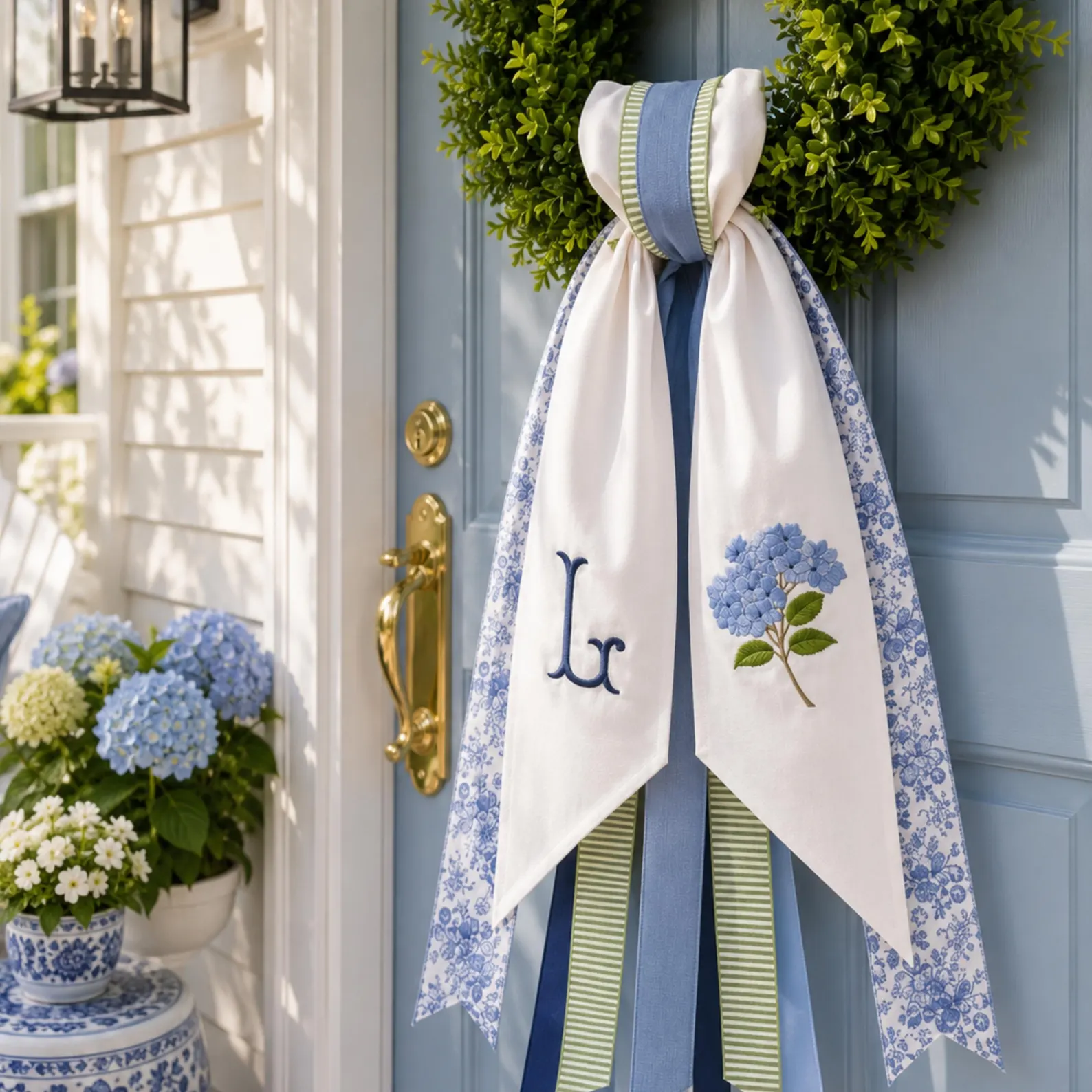 Personalized Hydrangea Wreath Sash — Monogrammed Blue & White Door Ribbon