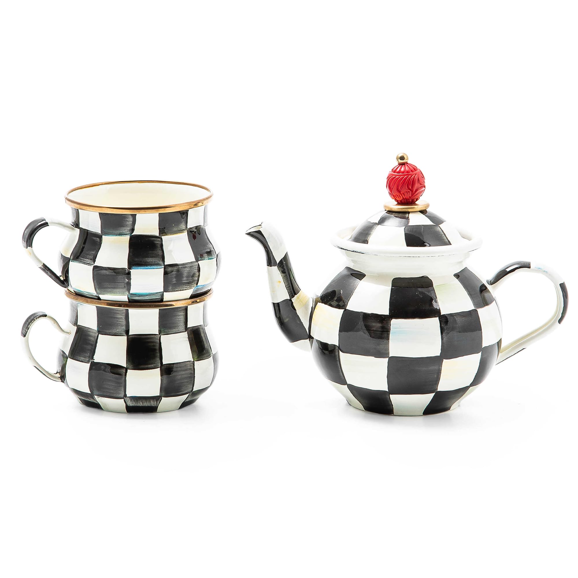 MacKenzie-Childs Courtly Check Enamel Teacups & Teapot (Set of 3)