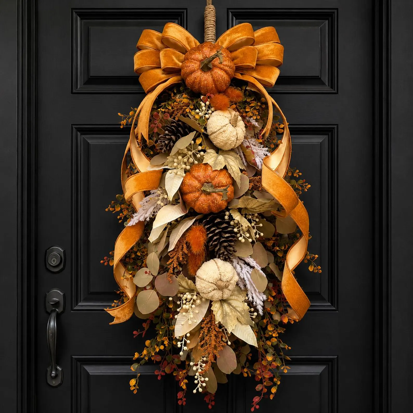 Fall Wreath Swag for the Front Door — Velvet Bow, Pumpkins & Pinecones