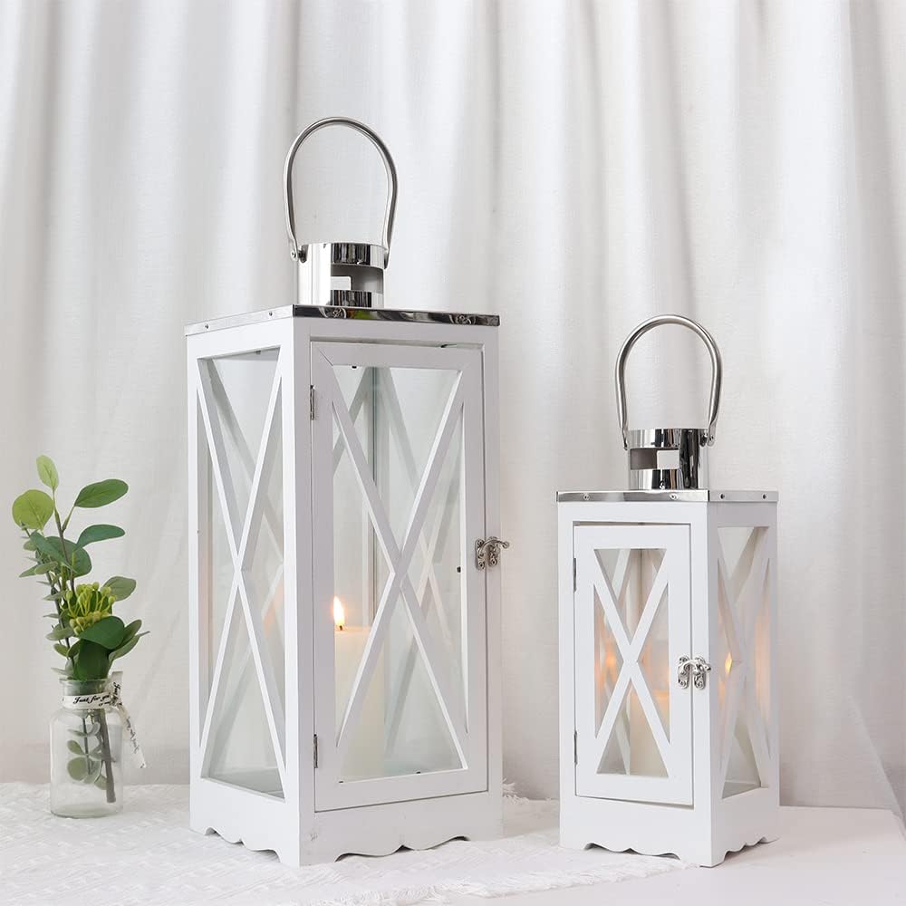 TRIROCKS White Farmhouse Lantern — Decorative Rectangle Candle Lantern