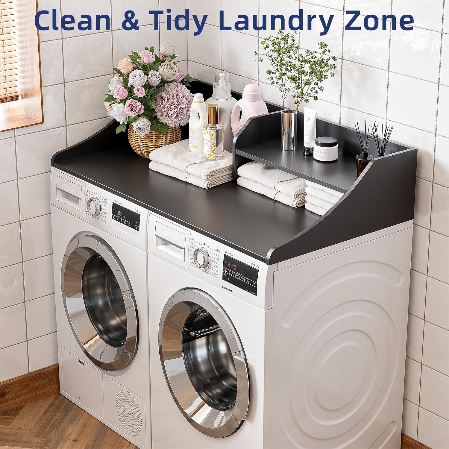 Memobarco Laundry Countertop with Riser Shelf — Washer & Dryer Top