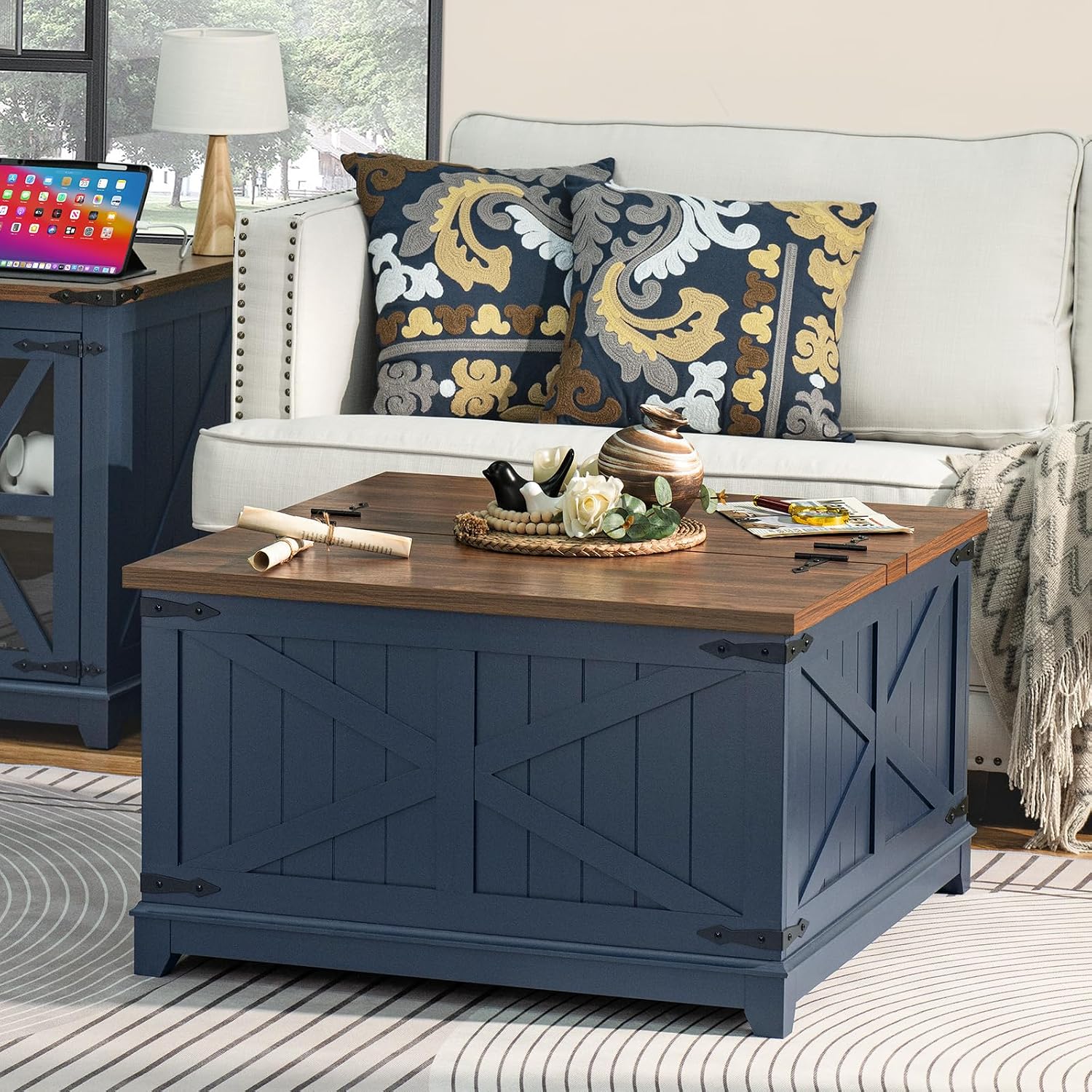 Joaxswe Farmhouse Square Lift-Top Coffee Table with Hidden Storage — Navy Blue