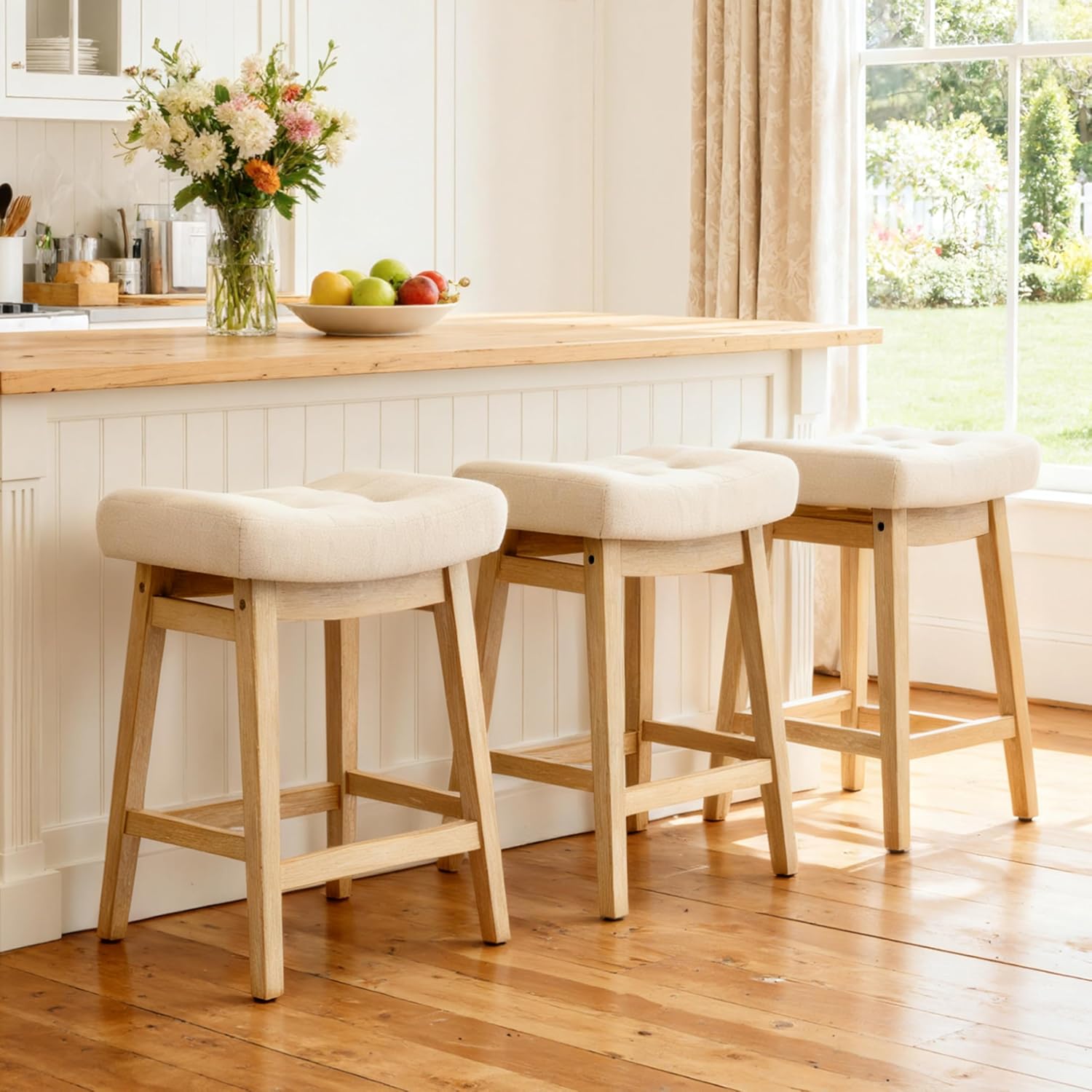 RNKSFX 24" Backless Saddle Counter Stools, Set of 3 — Khaki