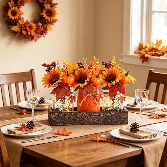 KIVIVO Mason Jar Fall Centerpiece with Wood Box & Sunflowers