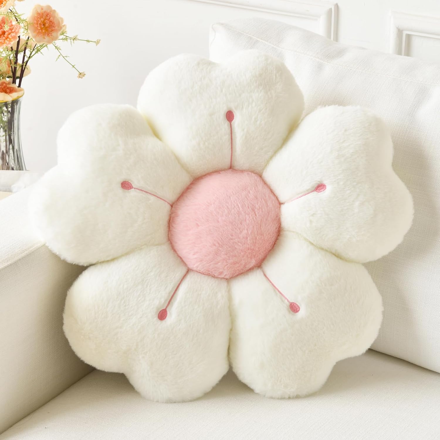 Ddliury Daisy Flower Throw Pillow, 15" White & Pink
