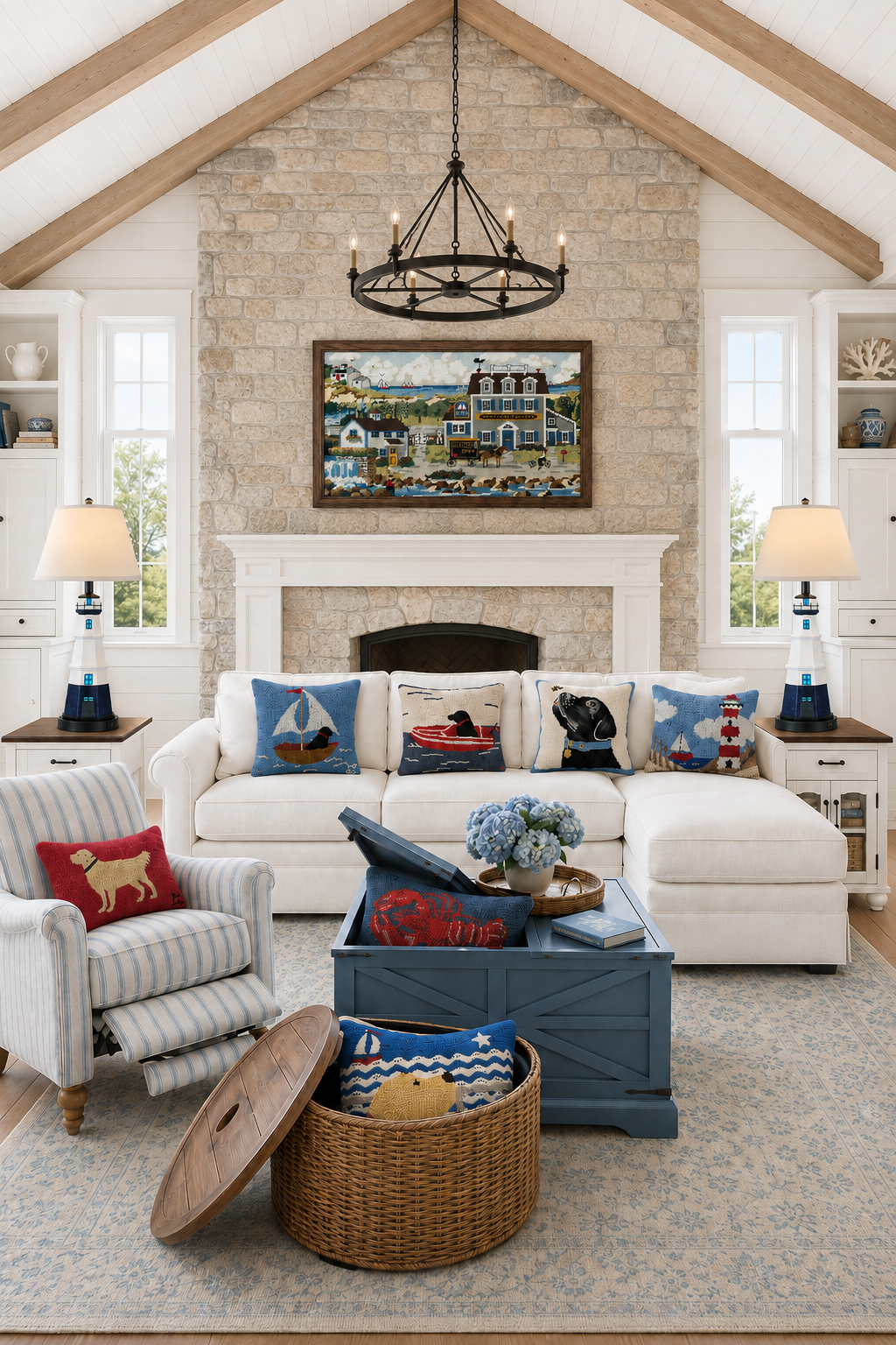 Vaulted coastal living room with a cream sectional layered in hand-hooked wool pillows — sailboat, black Lab in a red skiff, seadog, lighthouse — a red golden retriever pillow on a blue striped recliner, a distressed blue lift-top storage trunk coffee table filled with a lobster pillow, a wicker storage ottoman, lighthouse table lamps, a framed Nantucket needlepoint village scene over a stone fireplace, and an iron wagon-wheel chandelier.