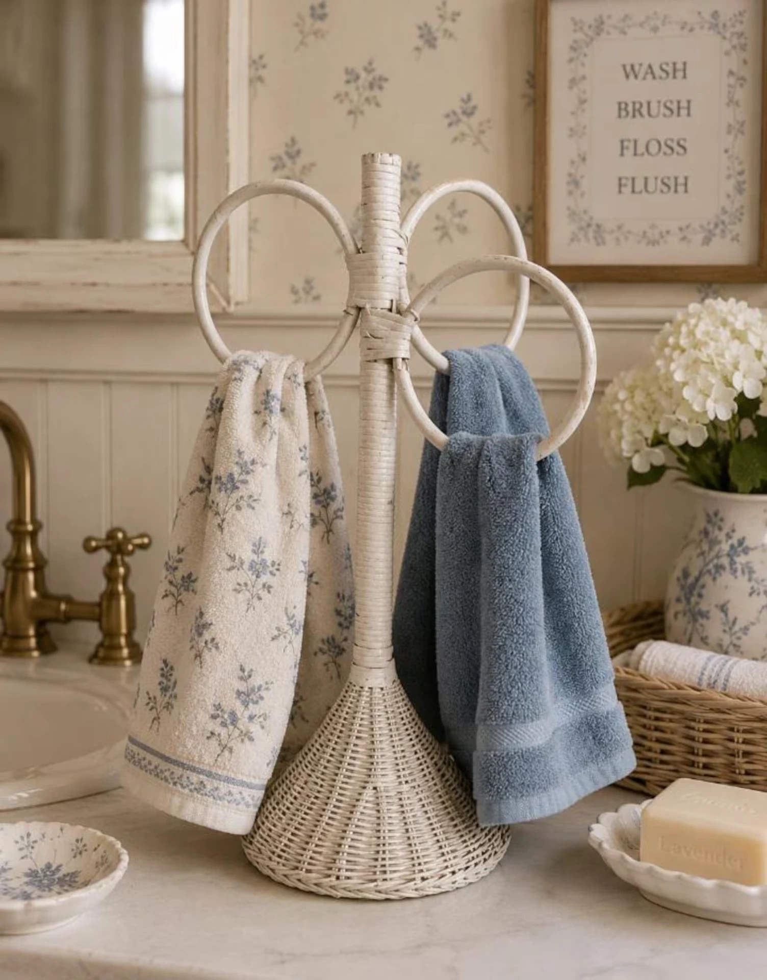 Vintage White Wicker 3-Ring Hand Towel Holder — Cottage Bathroom Organizer
