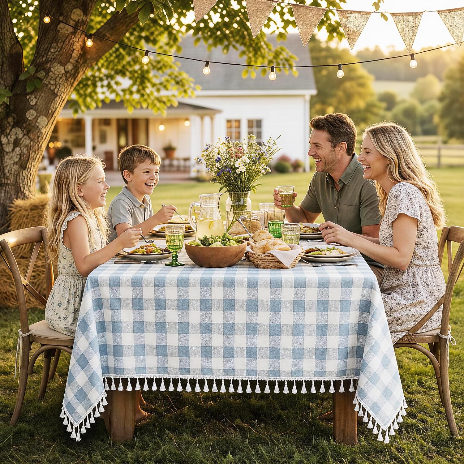 Blue Gingham Cotton Tablecloth with White Tassel Trim