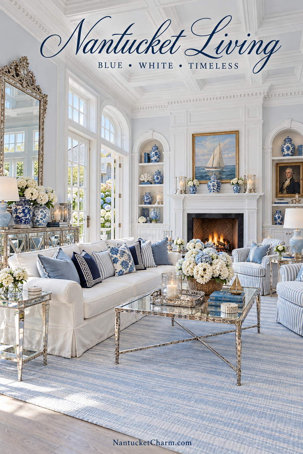 Formal Nantucket living room with an ivory sofa, pale blue striped armchairs, polished silver glass tables, blue rug, gilt mirror, sailboat painting, ginger jars, hydrangeas and crystal candlelight.