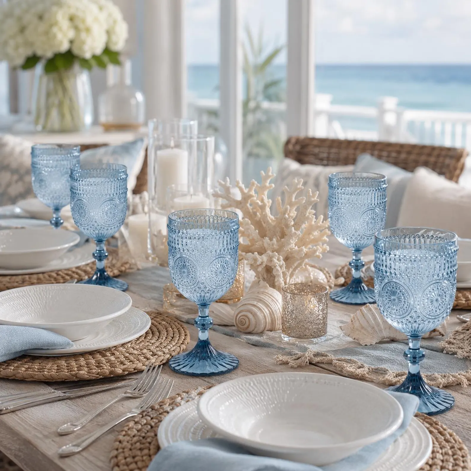 Dusty Blue Ribbed Wine Goblets — Set of 12 Reusable 15 oz Glassware