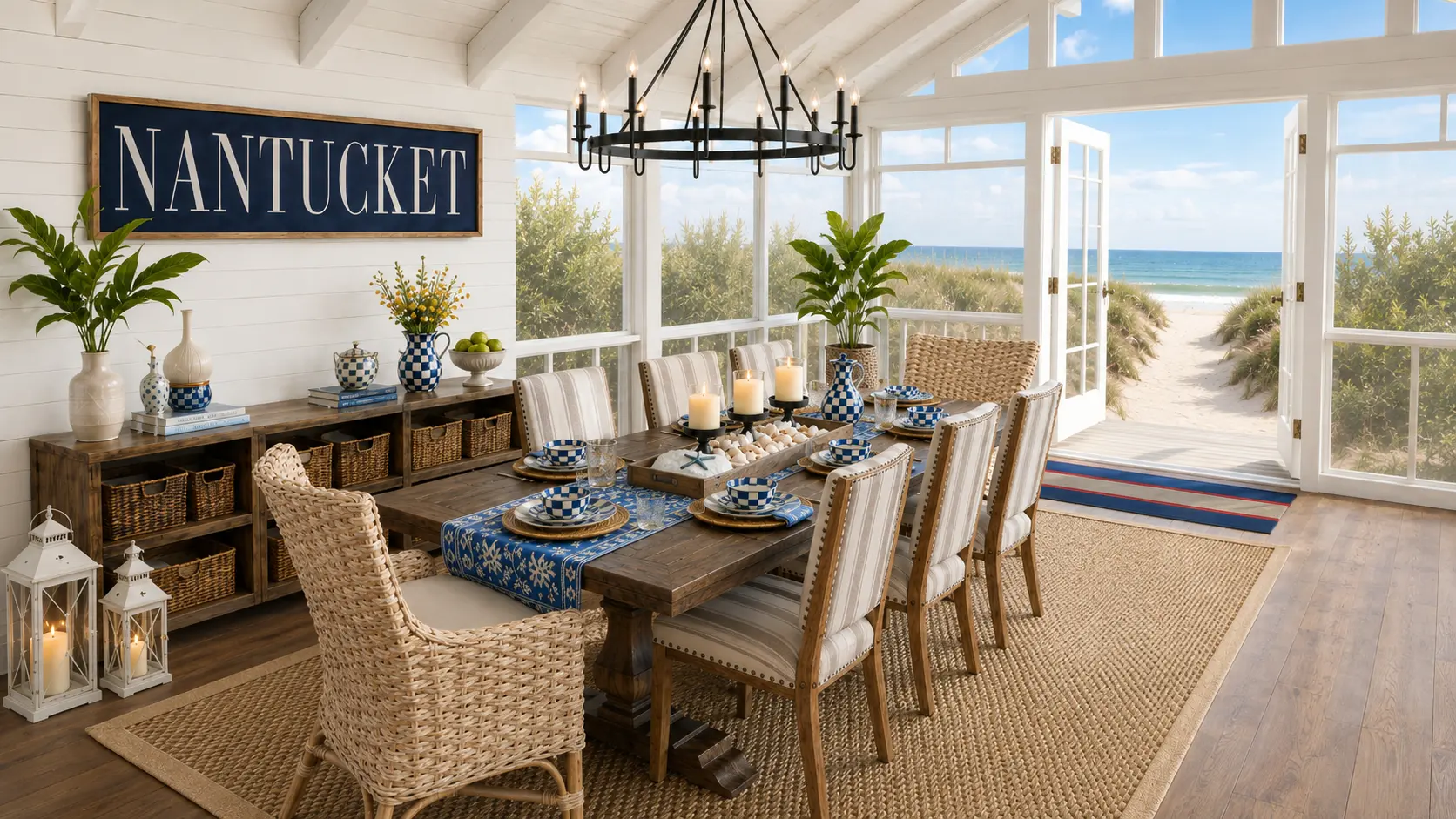 Rustic farmhouse trestle dining table on a jute rug in a white shiplap dining room with an iron chandelier, striped upholstered chairs, white hydrangeas, and ironstone bowls.