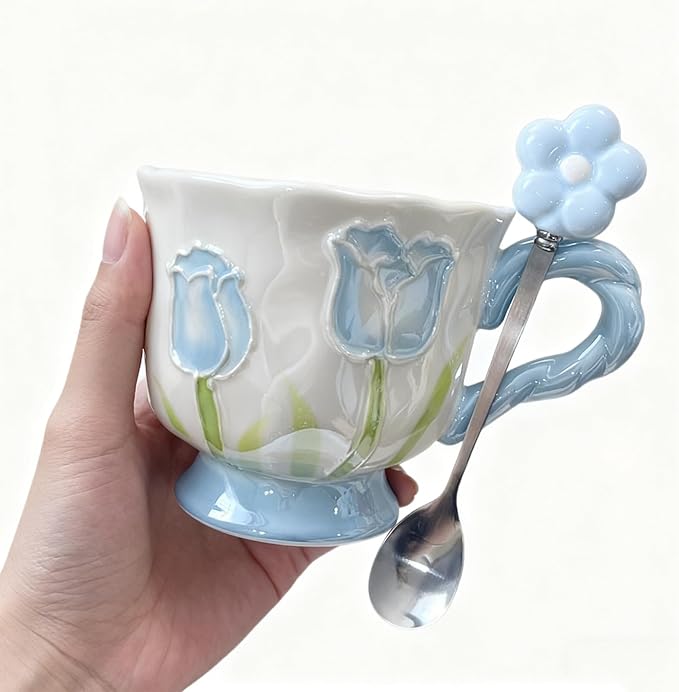 Blue Tulip Embossed Ceramic Coffee Mug with Flower Spoon (14oz)