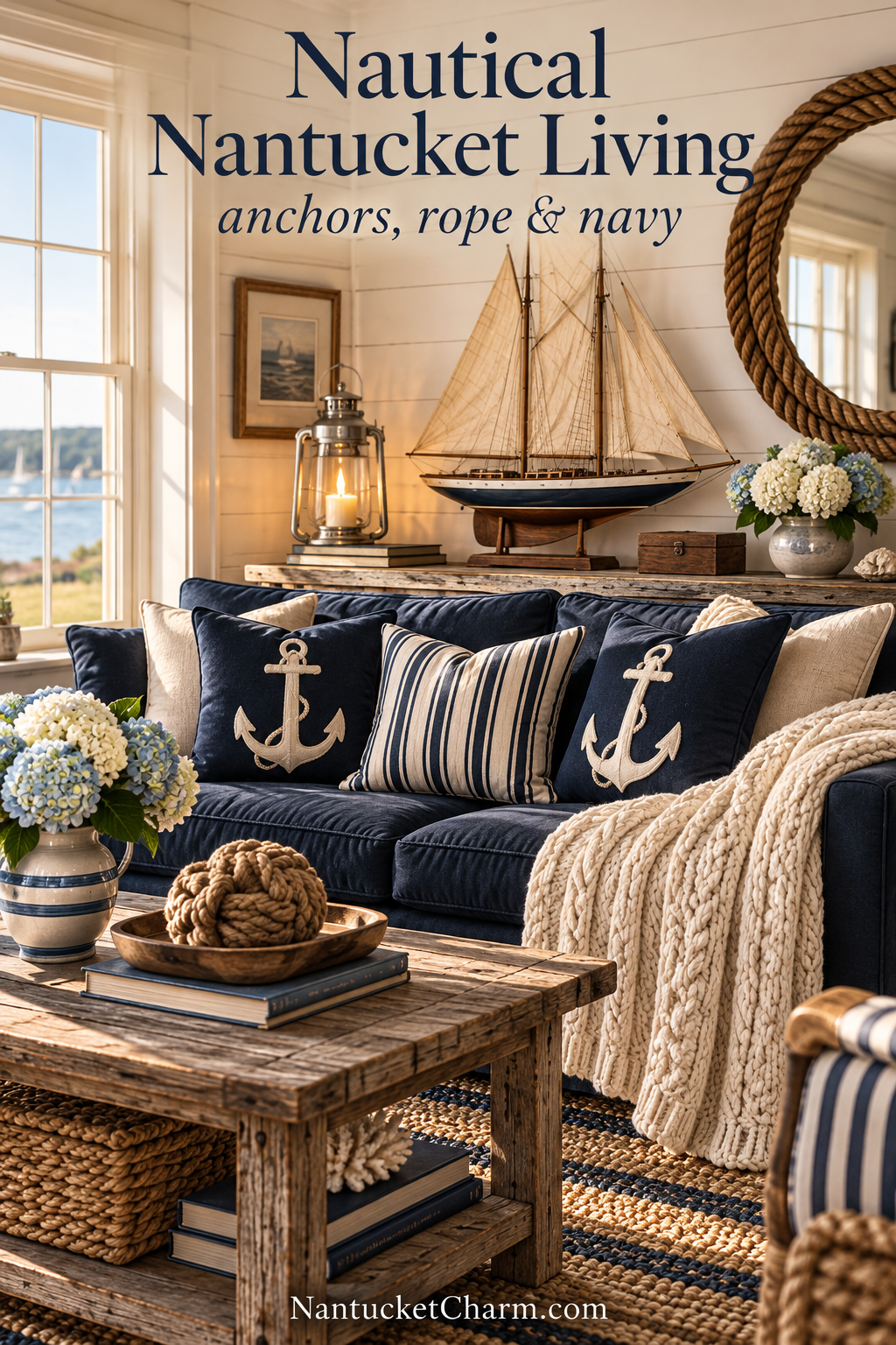 Nautical Nantucket living room with a navy sofa, anchor and striped pillows, a chunky cream knit throw, a rope knot ball on a rustic coffee table, a twisted rope mirror, a sailboat model, yacht art and blue and white hydrangeas.