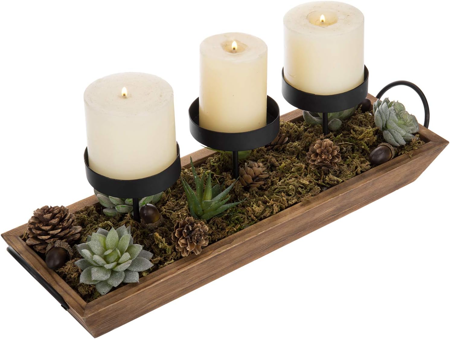 MyGift Rustic Wood Tray 3-Pillar Candle Holder Centerpiece