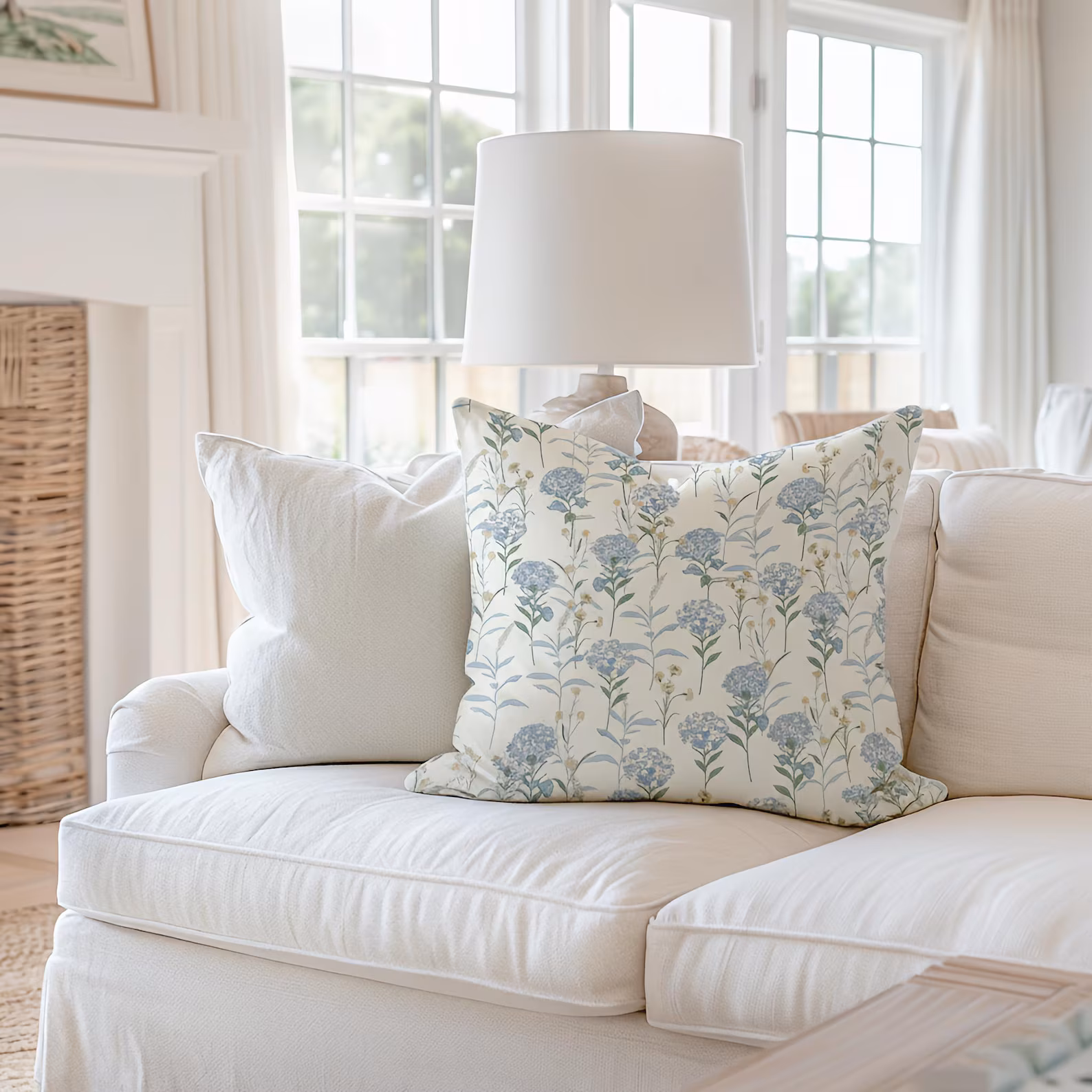 Blue Hydrangea Botanical Pillow Cover — Cottagecore Cushion Case