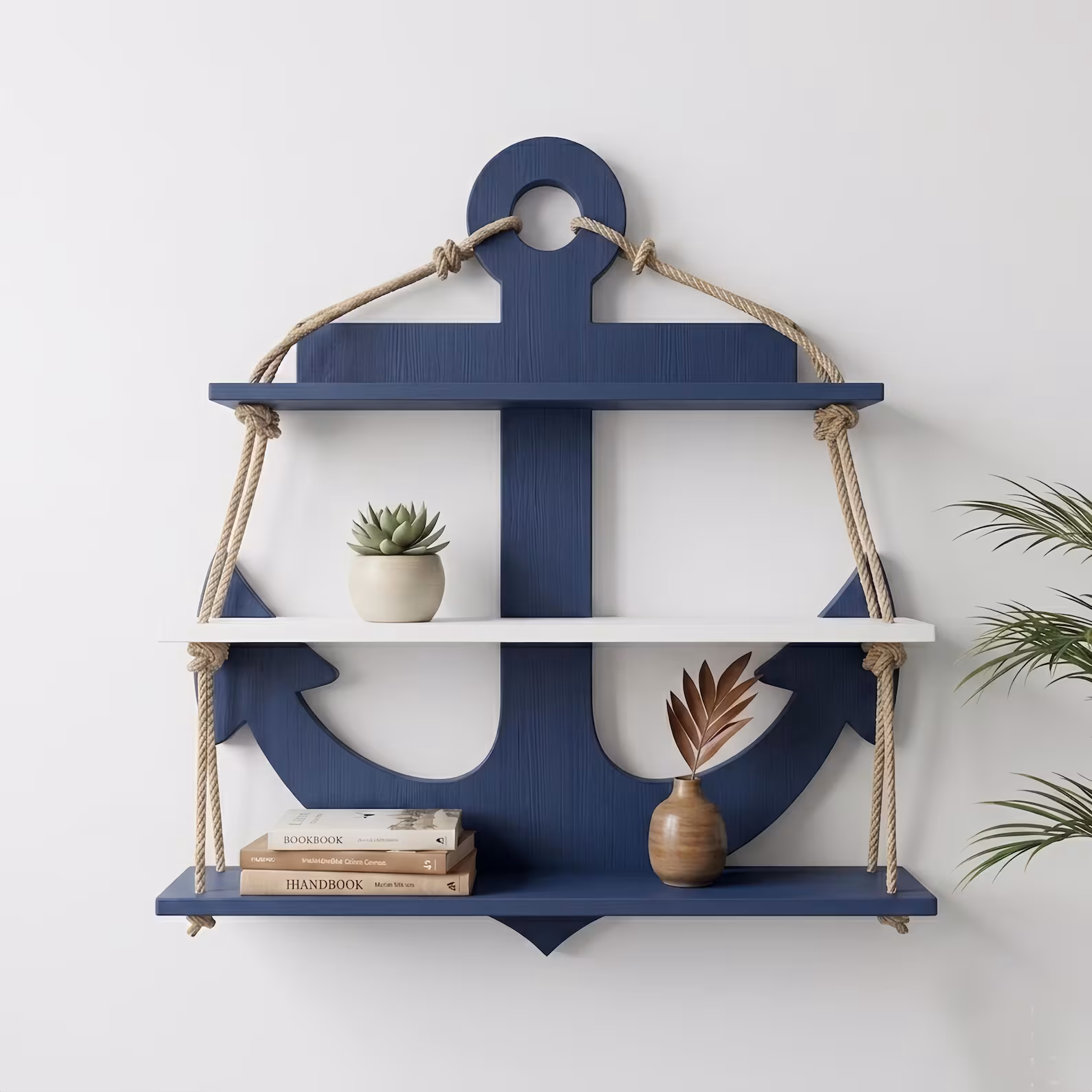 Handmade Anchor Wall Shelf — Navy Blue Nautical Rope & Wood