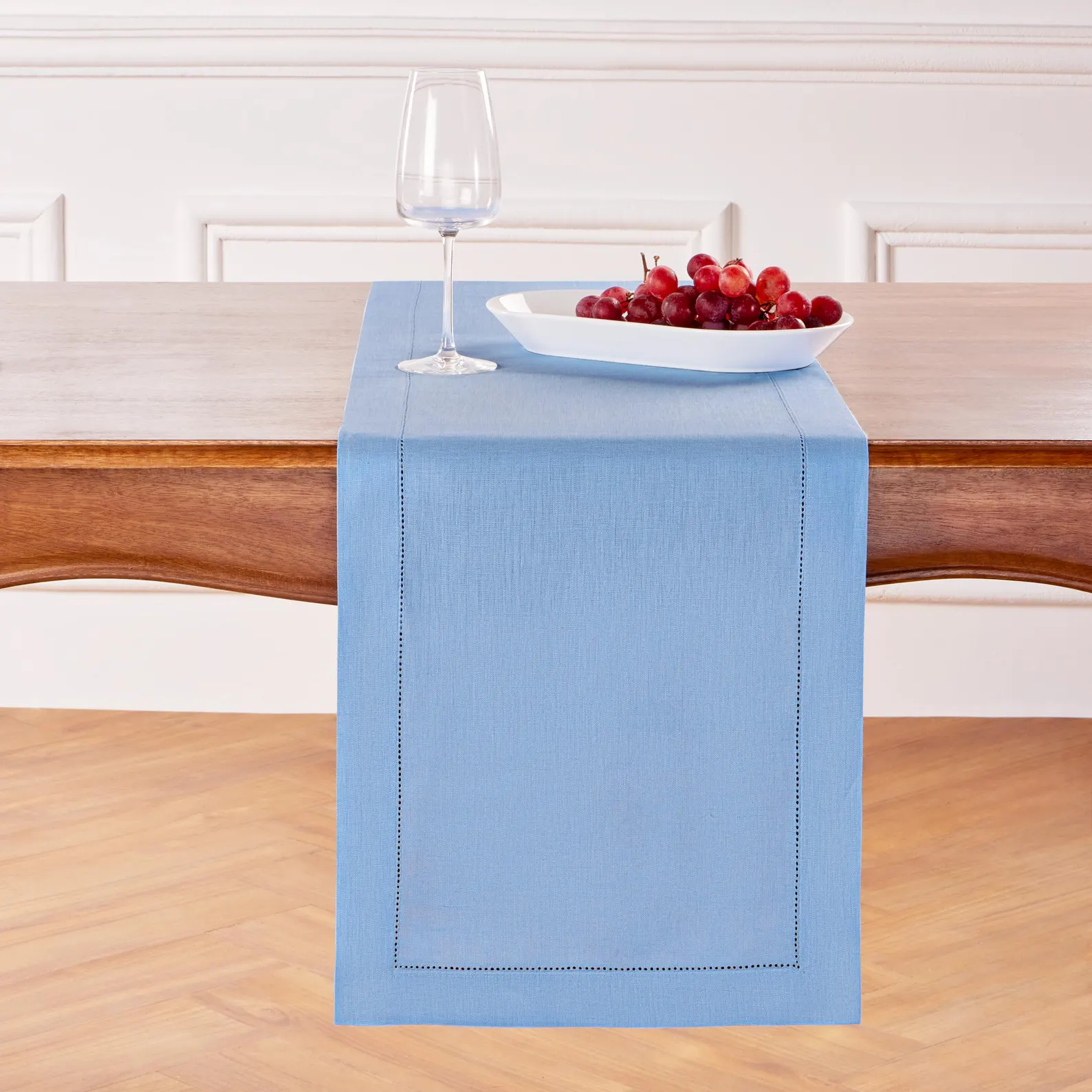 Linen Hemstitch Table Runner — Dusty Blue