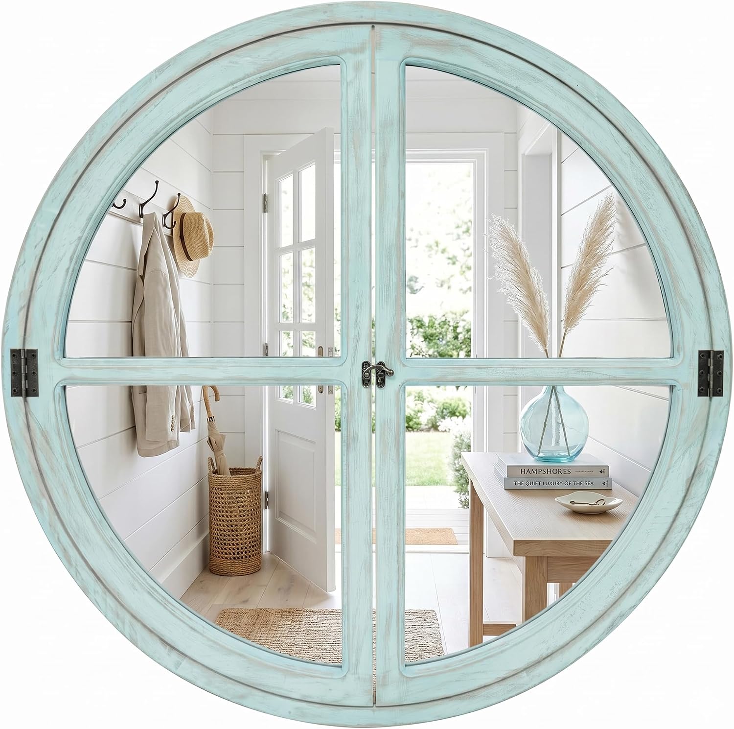 Pocetry 30" Coastal Round Windowpane Wall Mirror — Distressed Teal