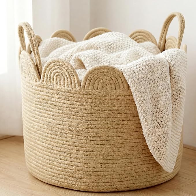 LemonRoad Scalloped-Edge Cotton Rope Blanket Basket, 16" x 14"
