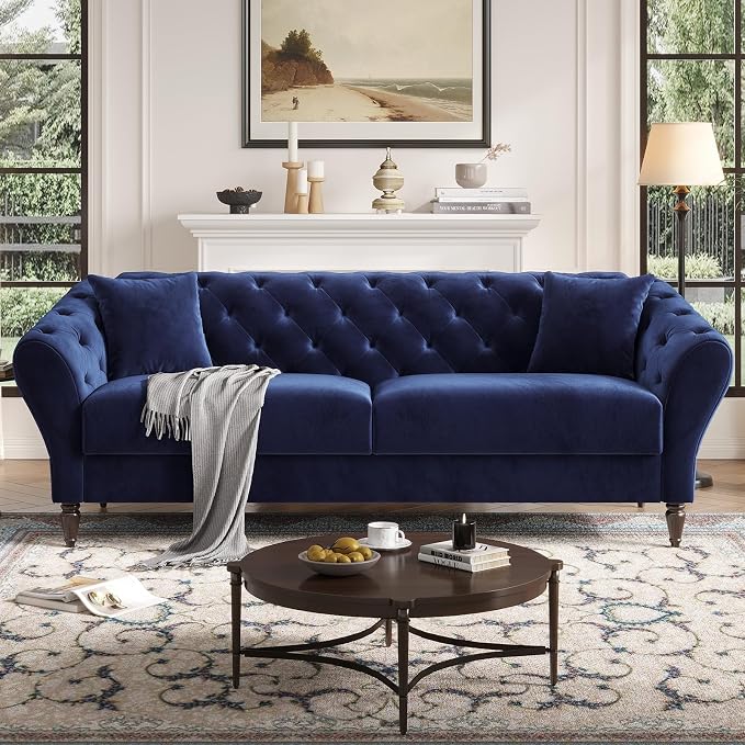 Navy Velvet Chesterfield Sofa — Button-Tufted with Rolled Arms