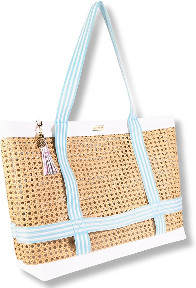 Lilly Pulitzer Beachside Rattan Tote with Blue Stripe Straps