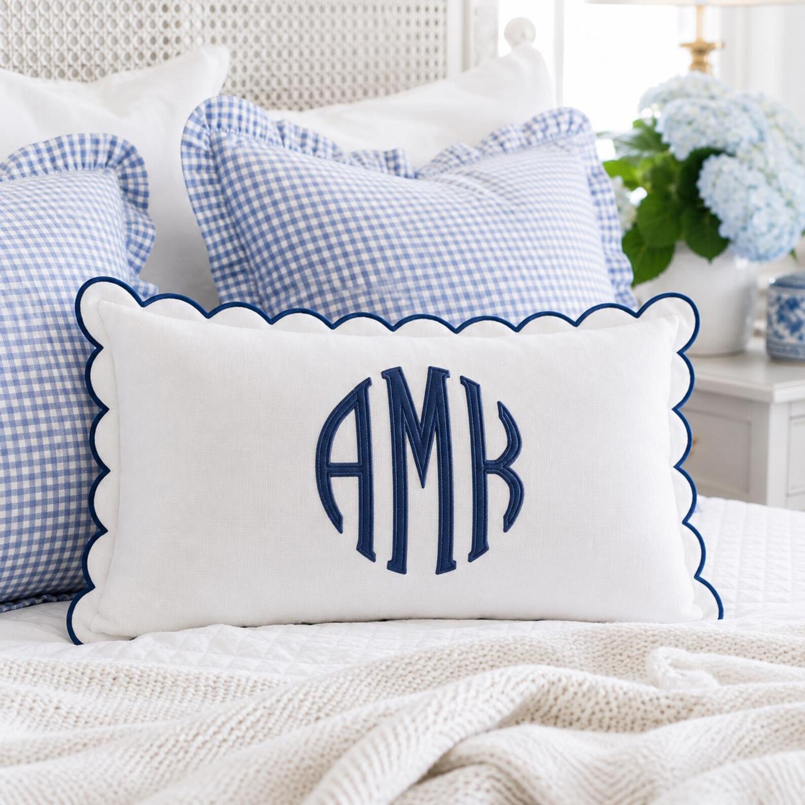 Personalized Navy Scalloped Monogram Lumbar Pillow — Blue & White Cotton