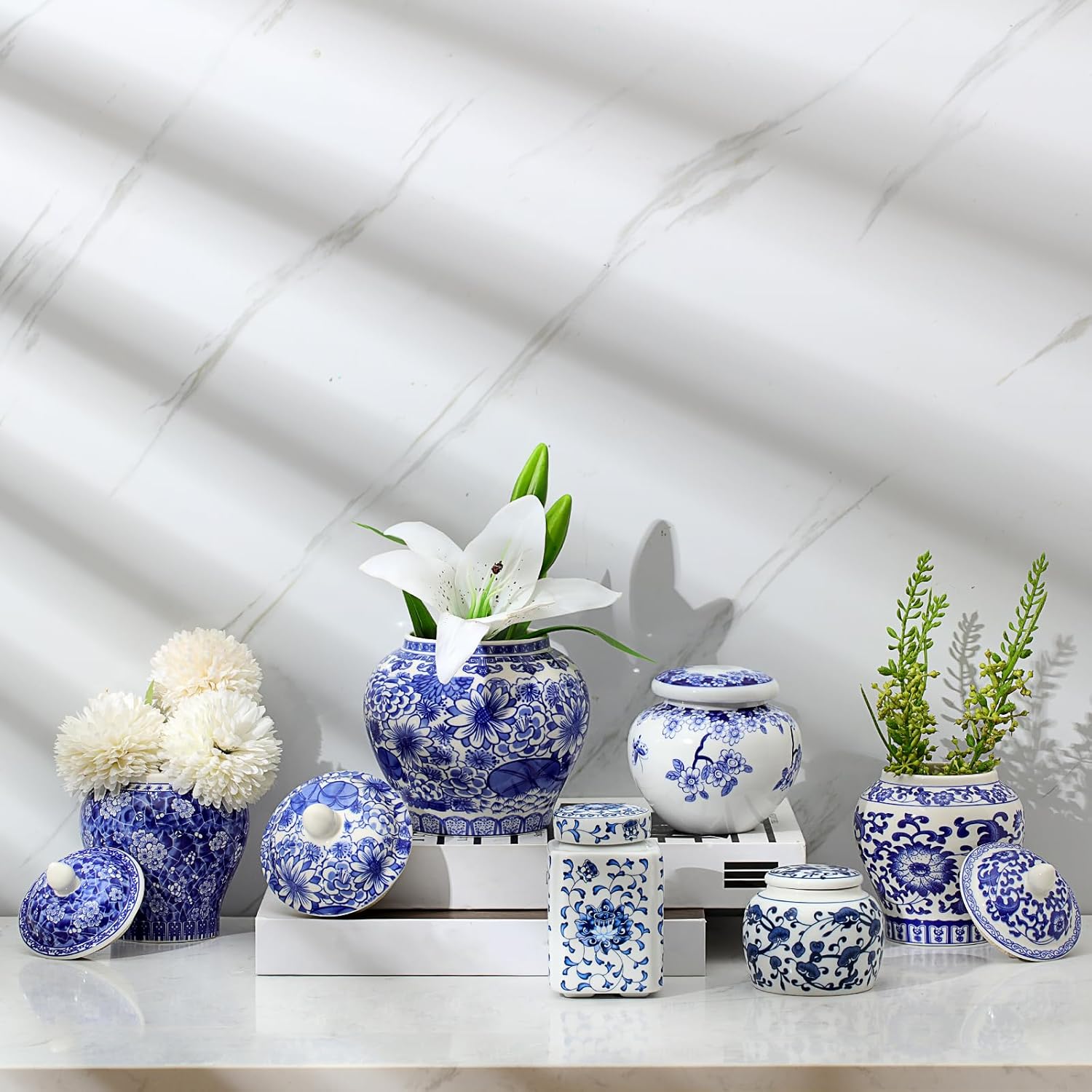 Blue & White Porcelain Ginger Jars (Set of 6, Mixed Patterns)