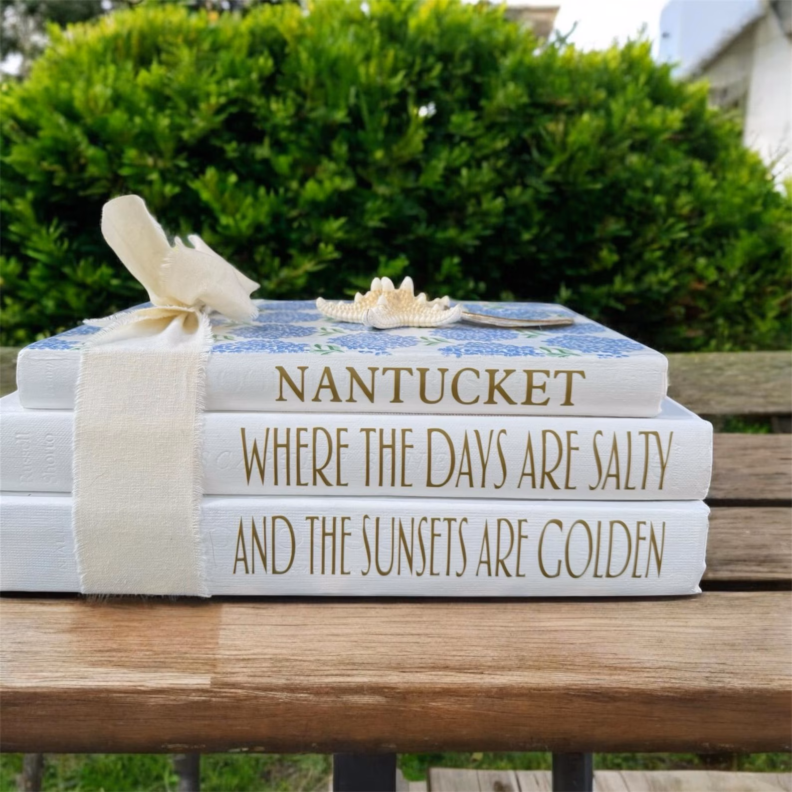 Custom Nantucket Book Stack — Repurposed Personalized Coastal Decor Books