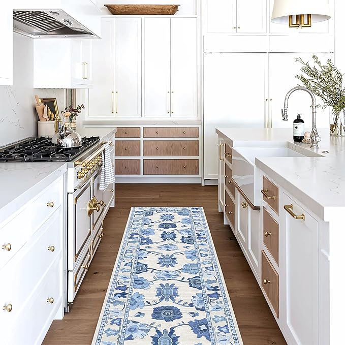 Blue Floral Persian-Style Kitchen Runner Rug — Washable Cotton