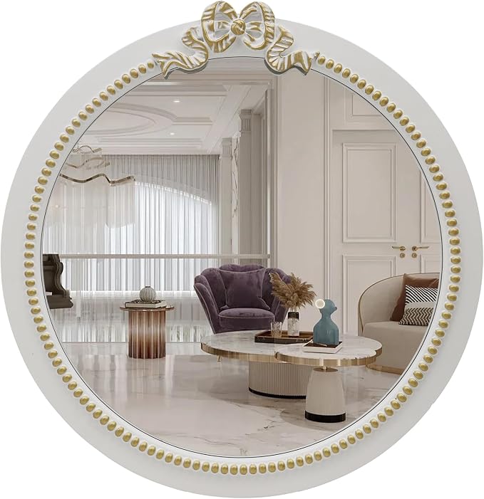 Ivory & Gold Bow Round Beaded Wall Mirror