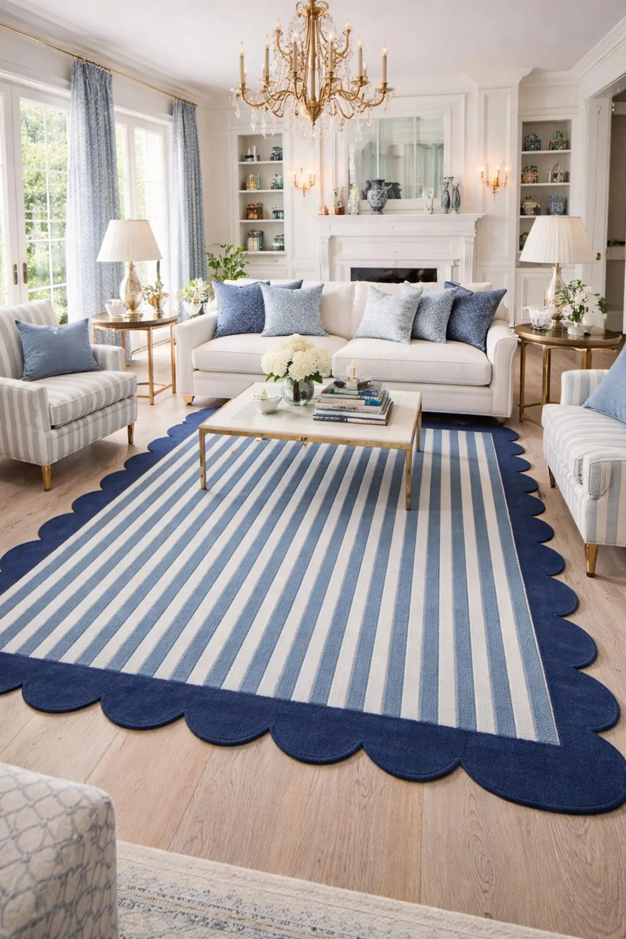 Hand-Tufted Wool Scalloped Rug — Blue Stripe with Navy Scallop Border